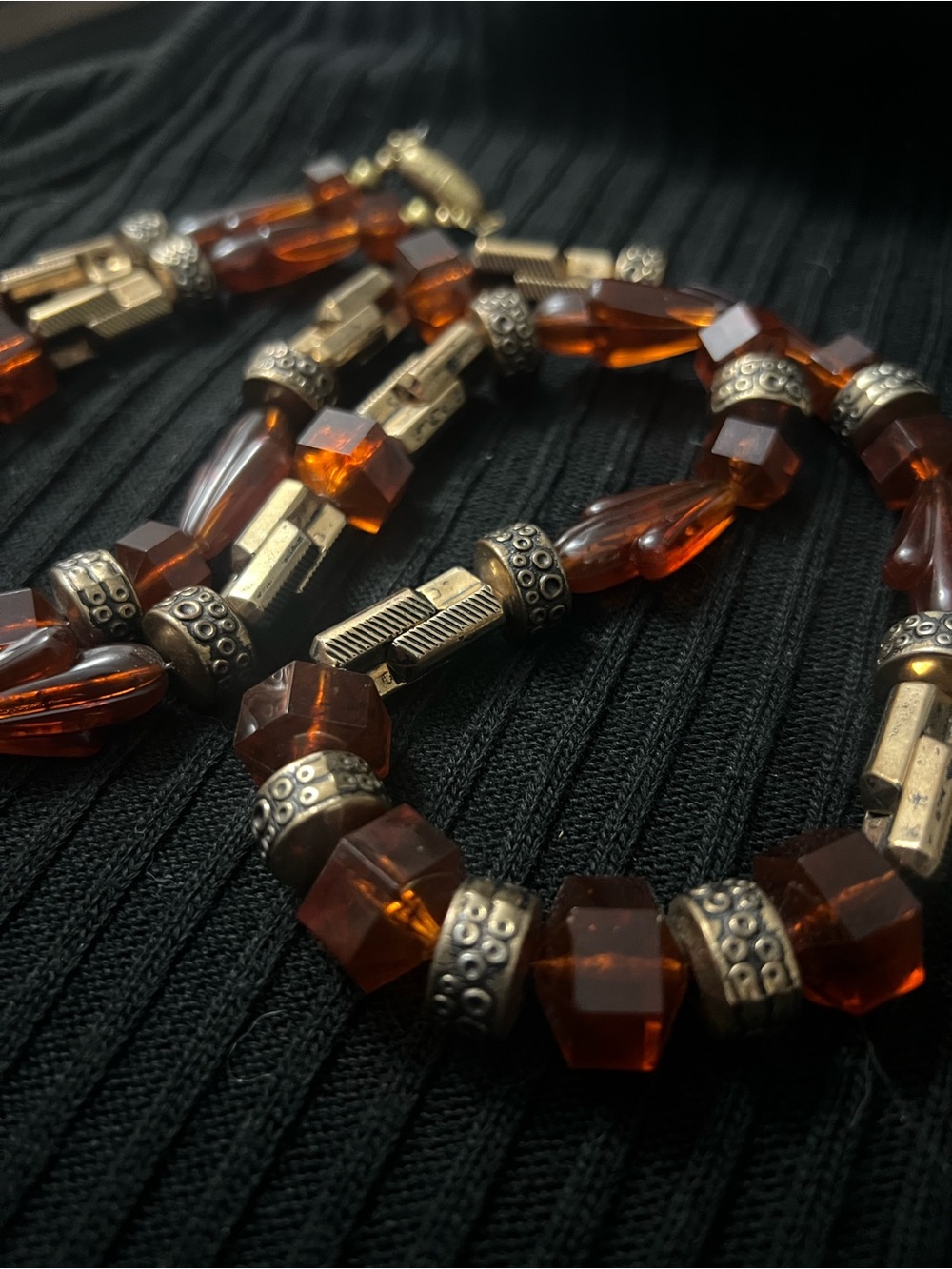 Elegant Chunky Long Amber Bead and Antique Gold Necklace